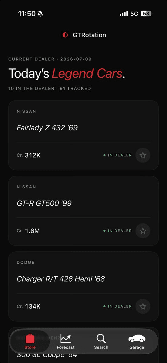 GTRotation app on iPhone showing the current GT7 Legend Cars dealer